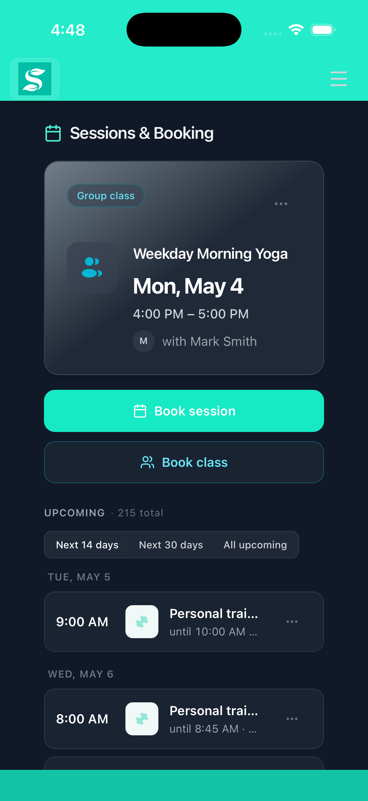 Sessions and bookings overview on the BuildStability client portal